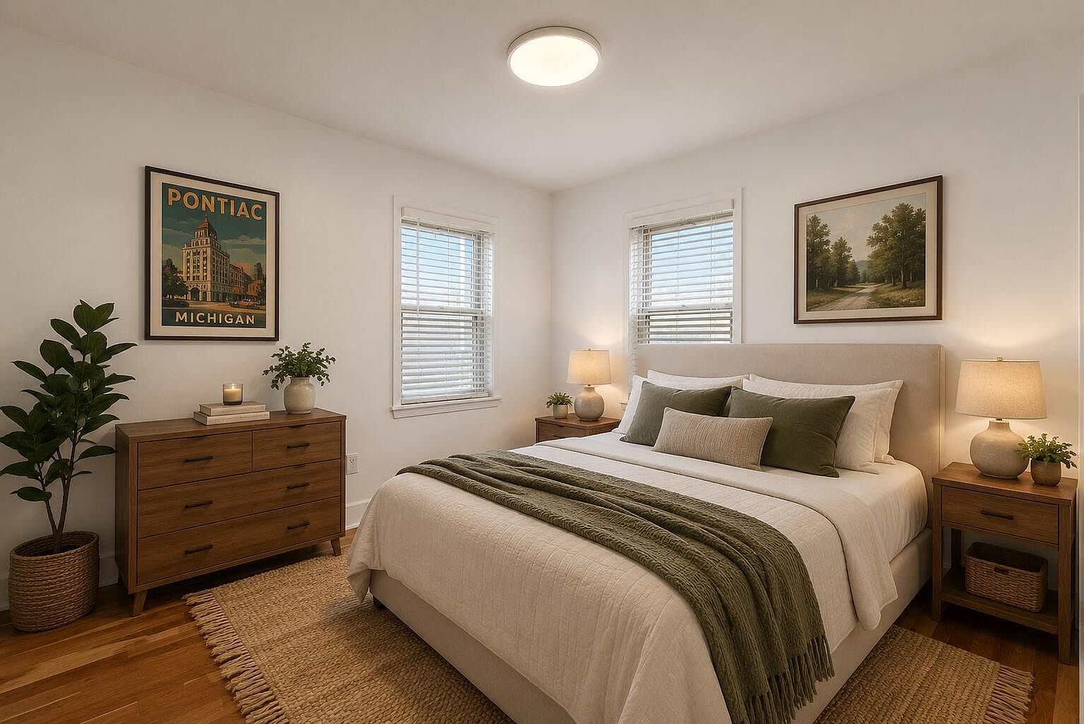 Staged bedroom with two windows and wood flooring