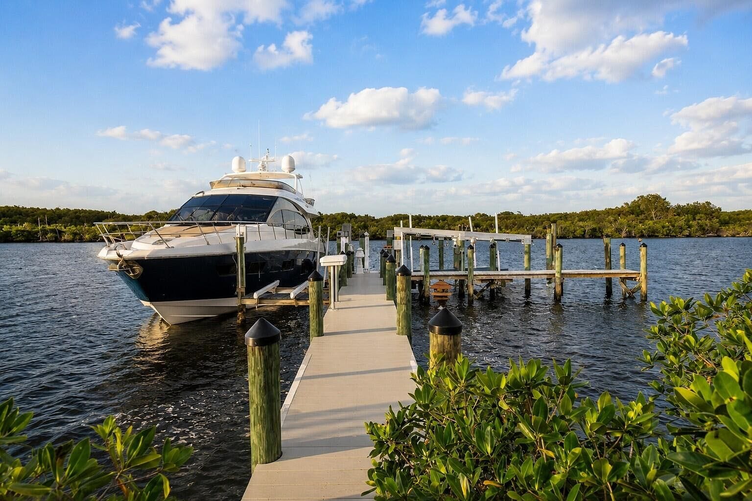 Private dock with a yacht sitting on a boat lift