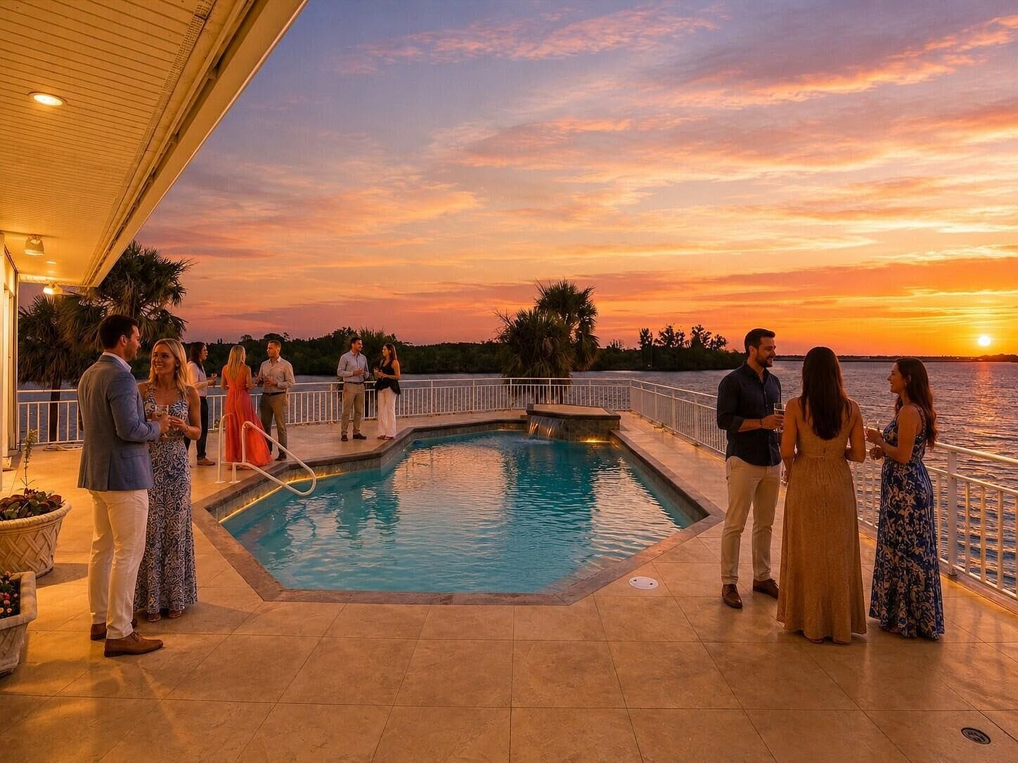 Sunset party scene by the pool overlooking the river