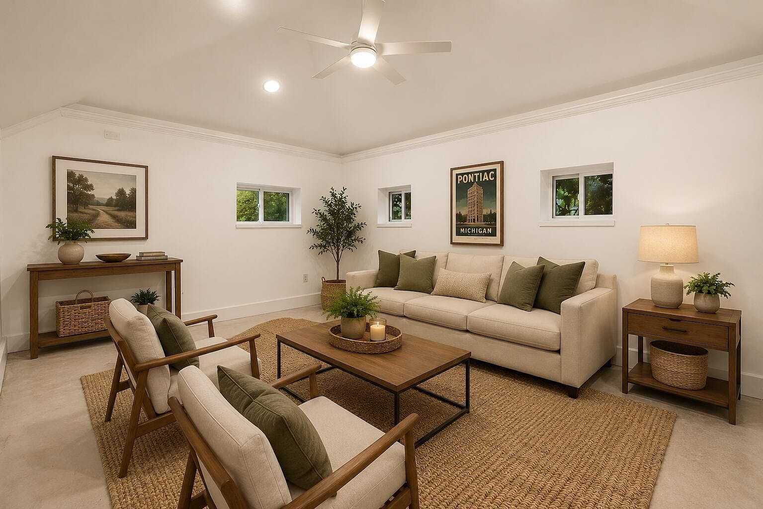 Staged finished flex room with concrete floors and a ceiling fan