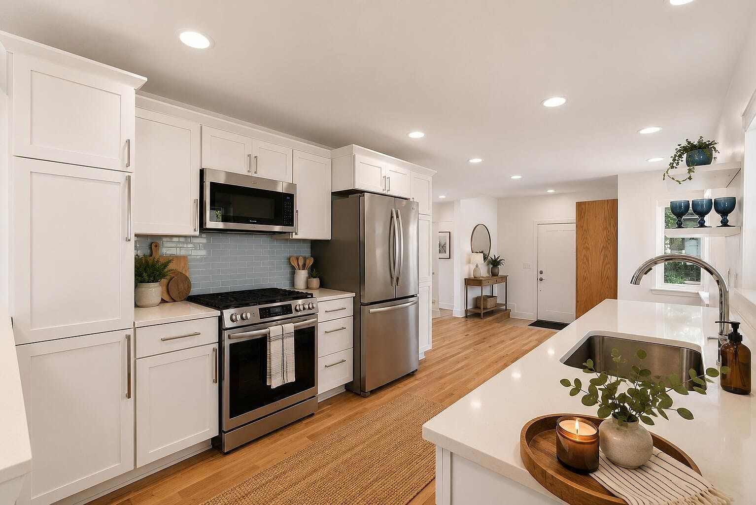 Staged kitchen with white cabinets and stainless steel appliances