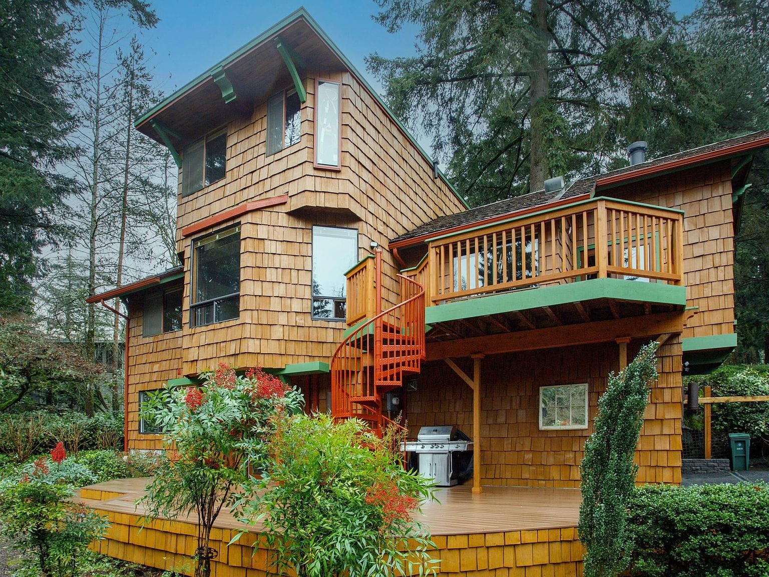 Back of house, red spiral stairs