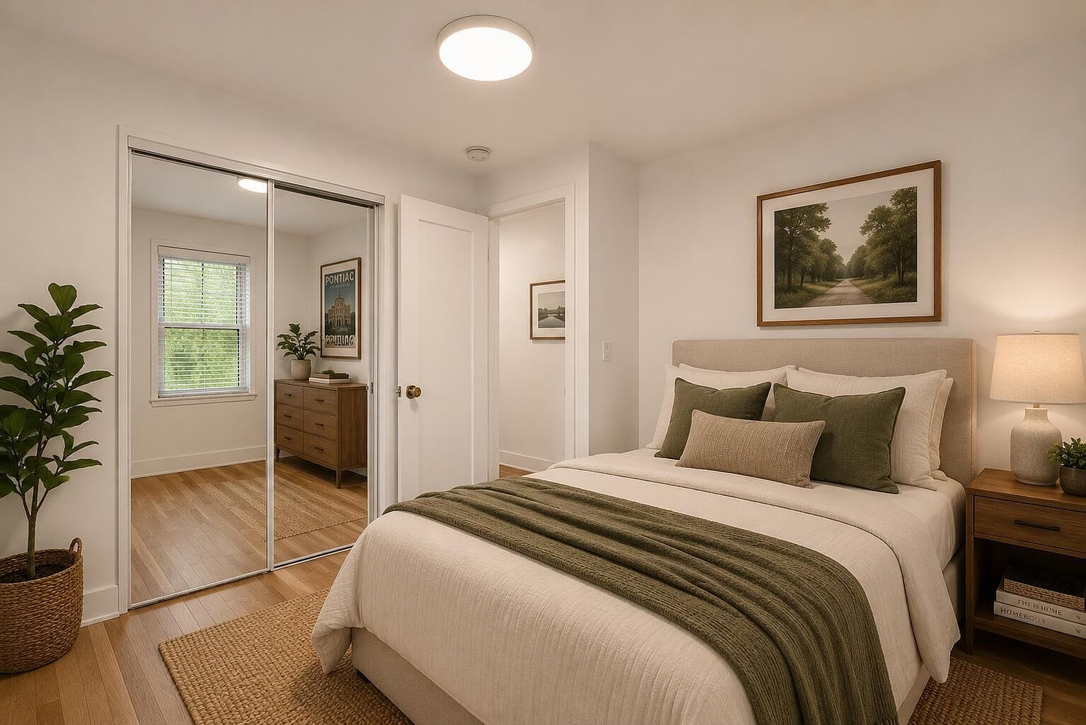Staged bedroom showing the sliding closet mirrors