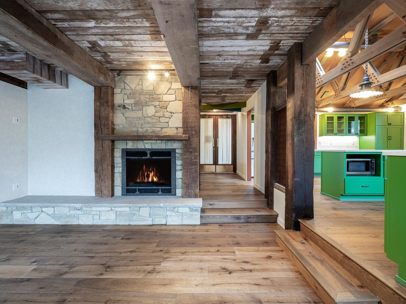 Fireplace, steps to kitchen