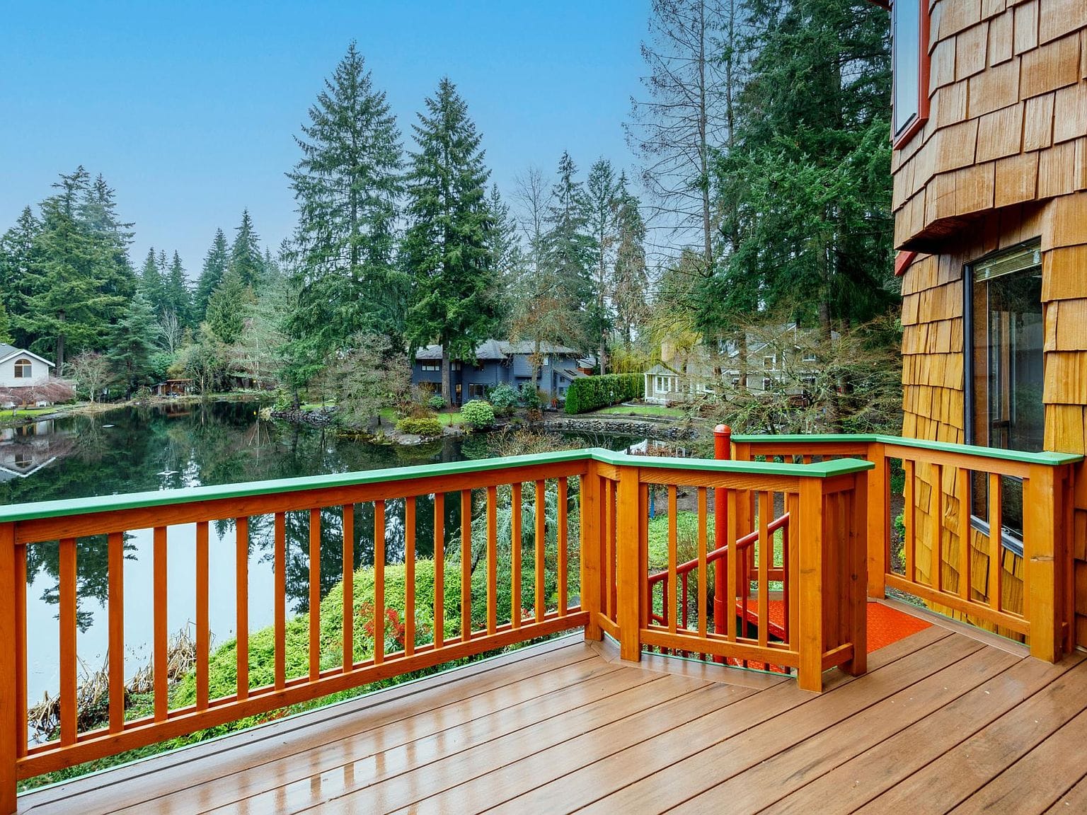 Wood deck, railing, water view