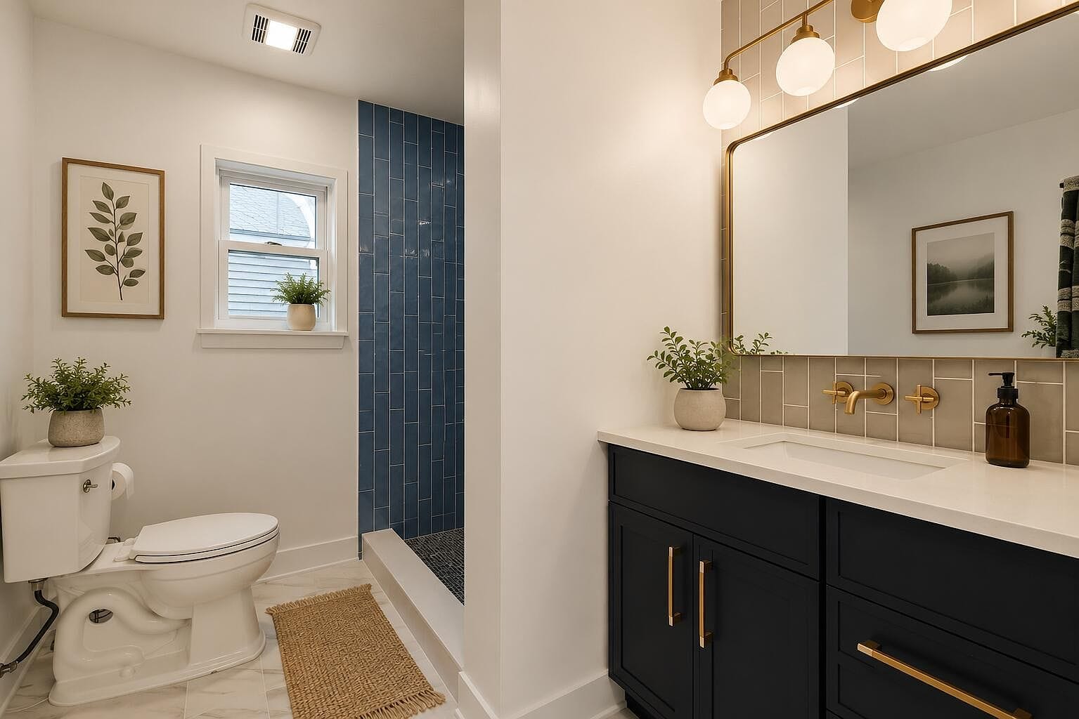 Staged bathroom showing the dark vanity and tiled shower