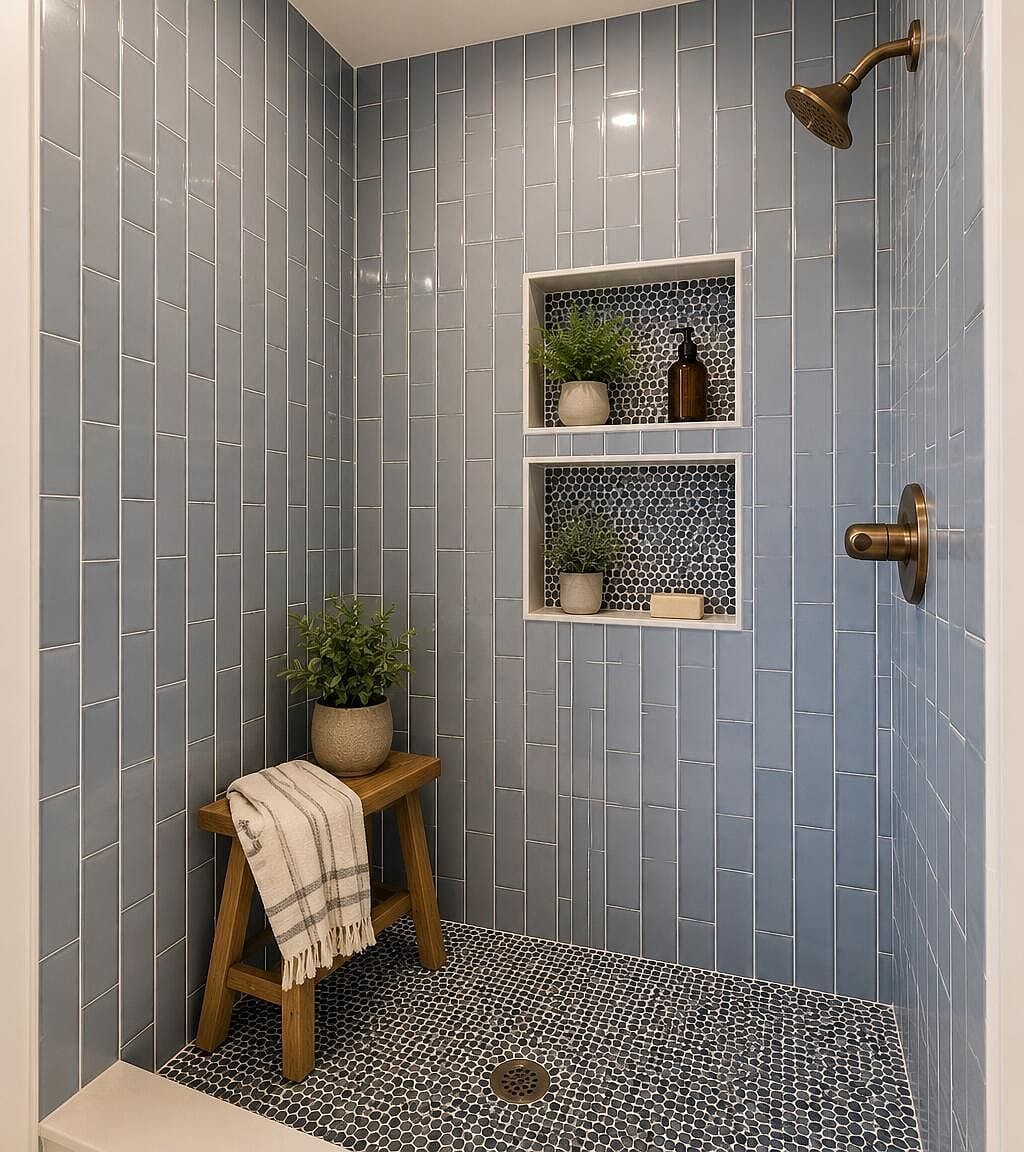 Close up of the blue shower tile and built-in niches with plants