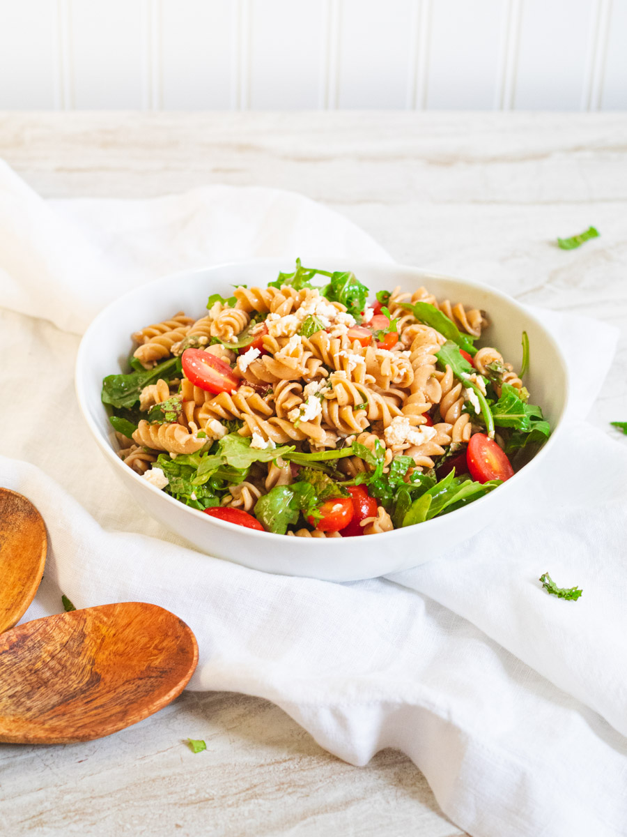 a whole-grain pasta salad with whole grains visible
