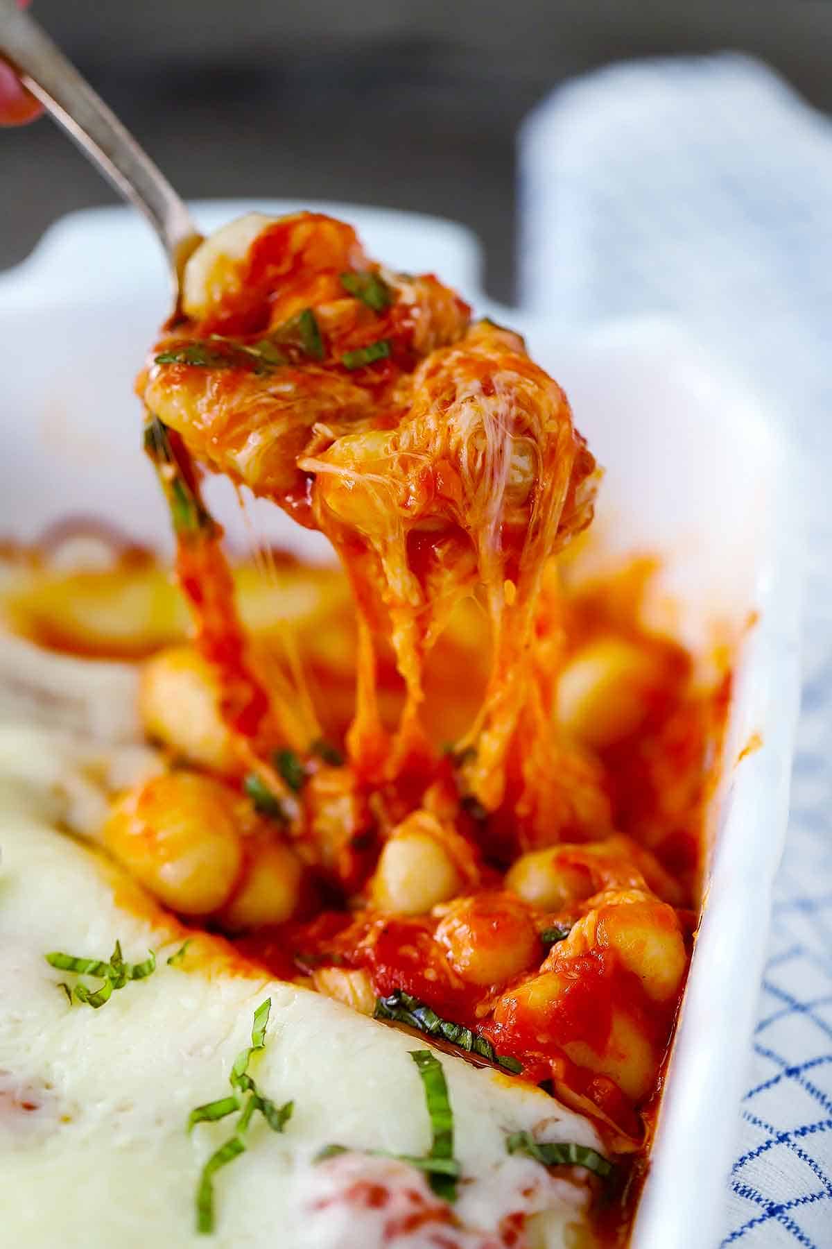 4 Ingredient Cheesy Baked Gnocchi with Marinara, Basil, and Mozzarella