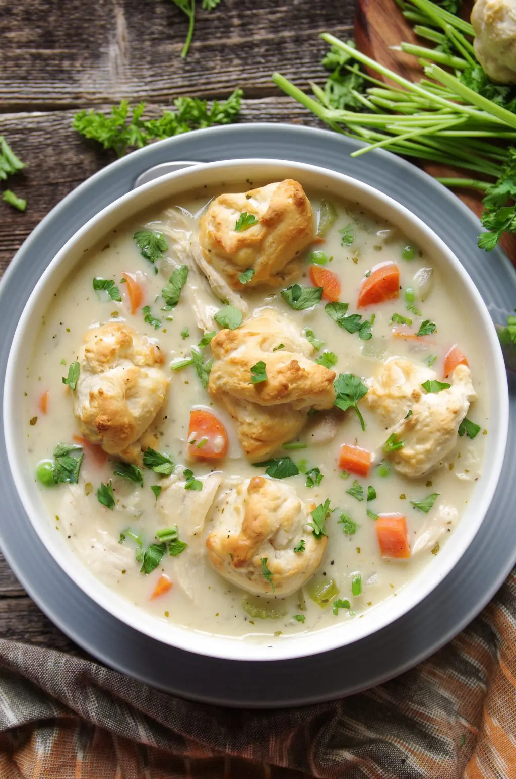 Chicken Pot Pie Soup with Buttermilk Biscuit Crumbles