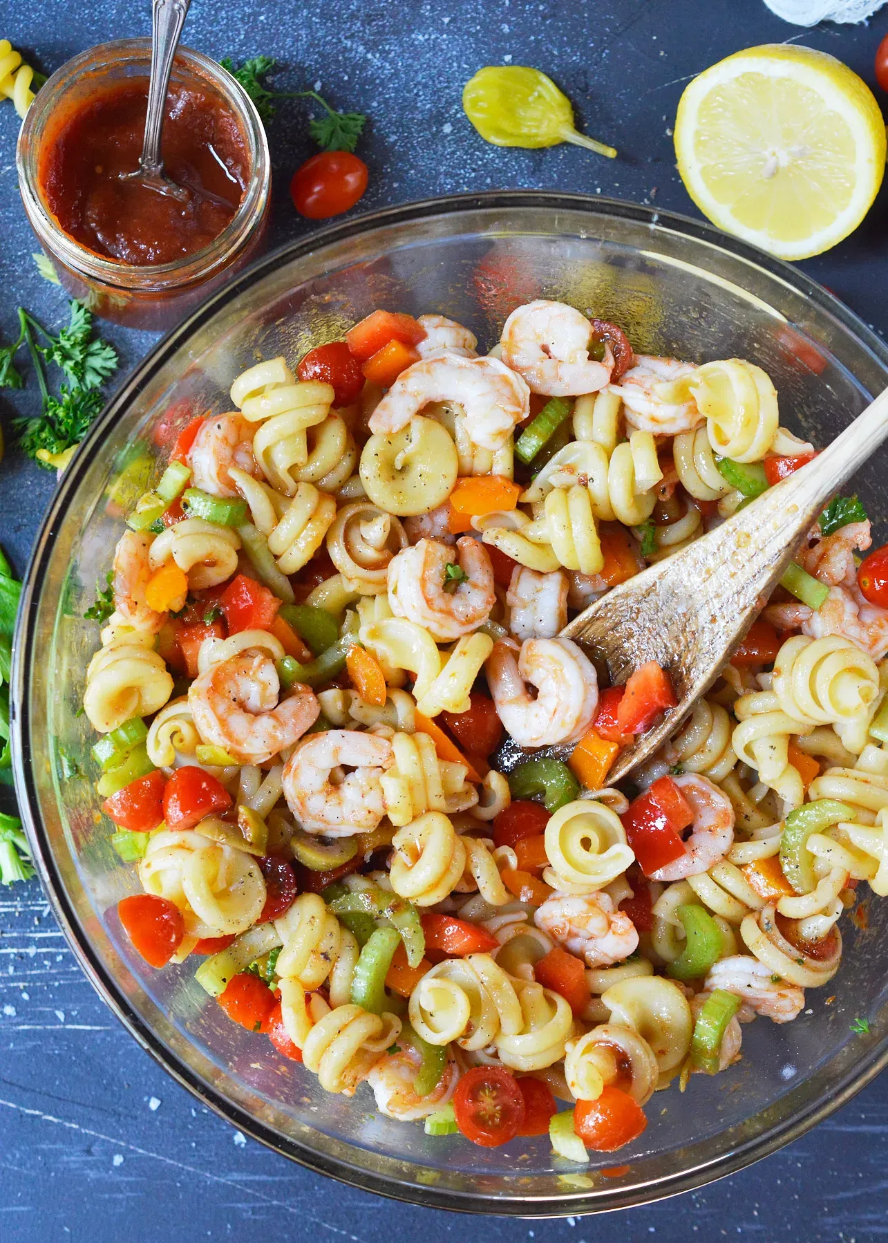 Bloody Mary Shrimp Pasta Salad from WonkyWonderful