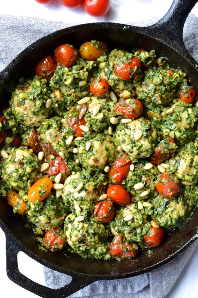 Sun-Dried Tomato & Basil Chicken Meatballs in a Chunky Pesto Sauce