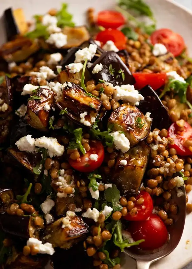 Roasted Eggplant Lentil Salad (Aubergine Salad)