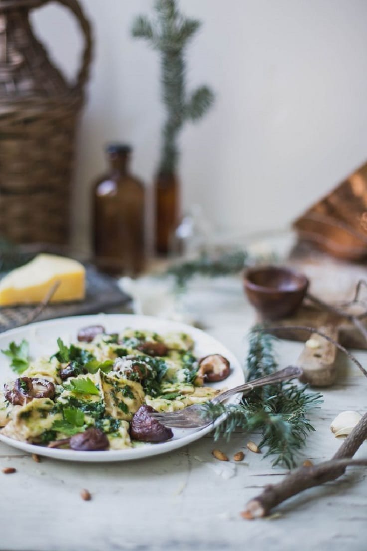 Celeraic and Chevre Fennel Agnolotti with Goat Cheese and Shiitakes