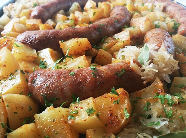 Sheet Pan Roasted Potatoes, Sausage and Sauerkraut