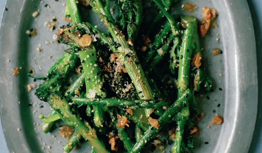 Asparagus and Sprouting Broccoli with Peanuts and Black Sesame Salt