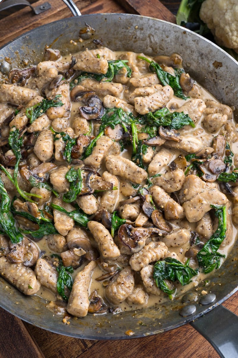 Cauliflower Gnocchi in Asiago Mushroom and Spinach Sauce