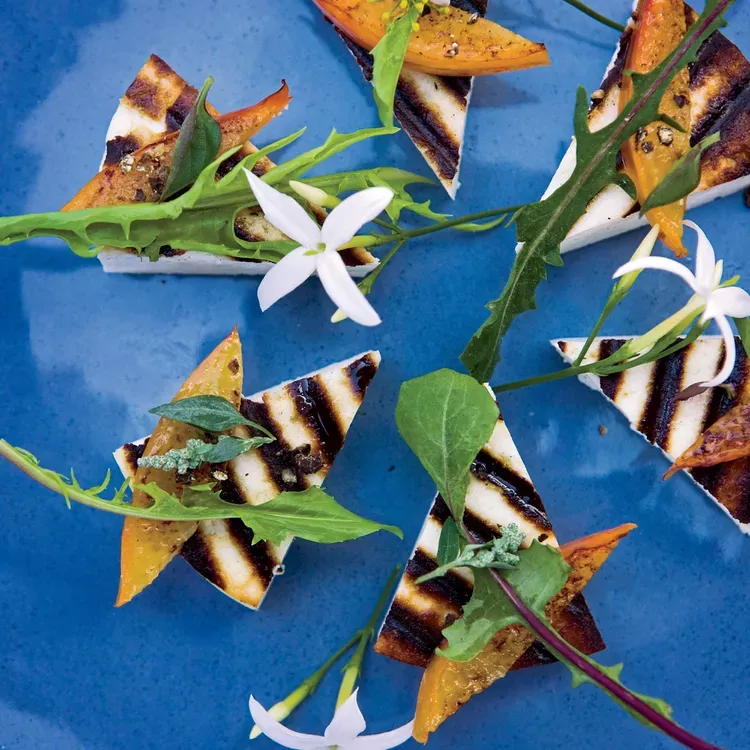 Grilled Manouri Cheese with Caramelized Plums