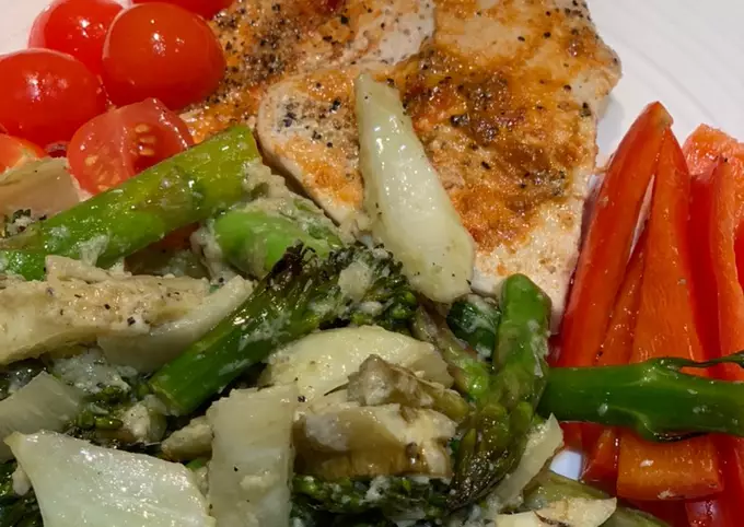 Harissa Turkey Steaks with Fennel broccoli asparagus and Lemon-Pecorino Sauce for Jamo