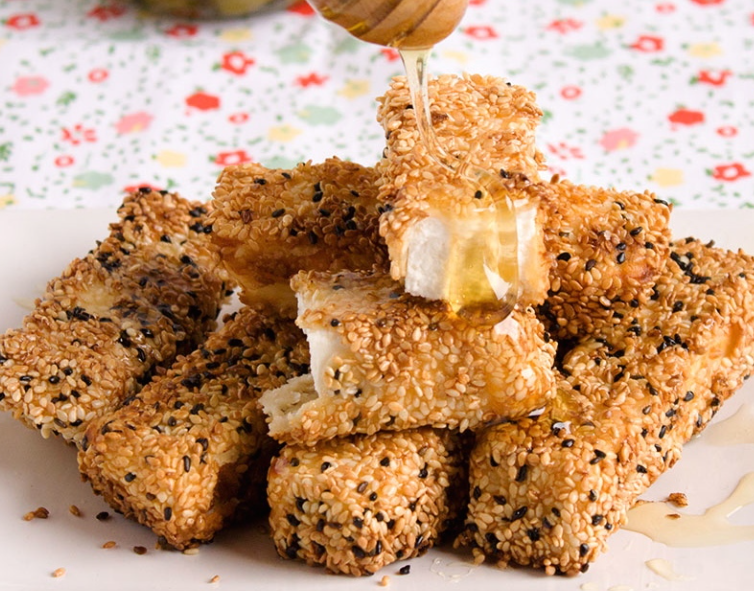 Sesame-Coated Manouri Cheese Sticks