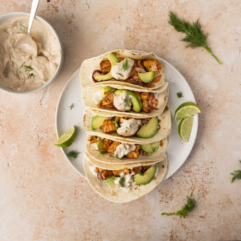 Salmon Tacos with Greek Yogurt Sauce