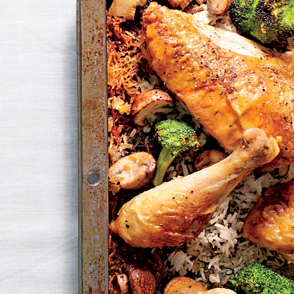 Simple Whole Chicken with Roasted Broccoli-Mushroom Rice