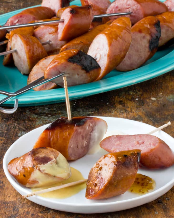 Grilled Smoked Sausage Skewers with Three Zesty Sauces