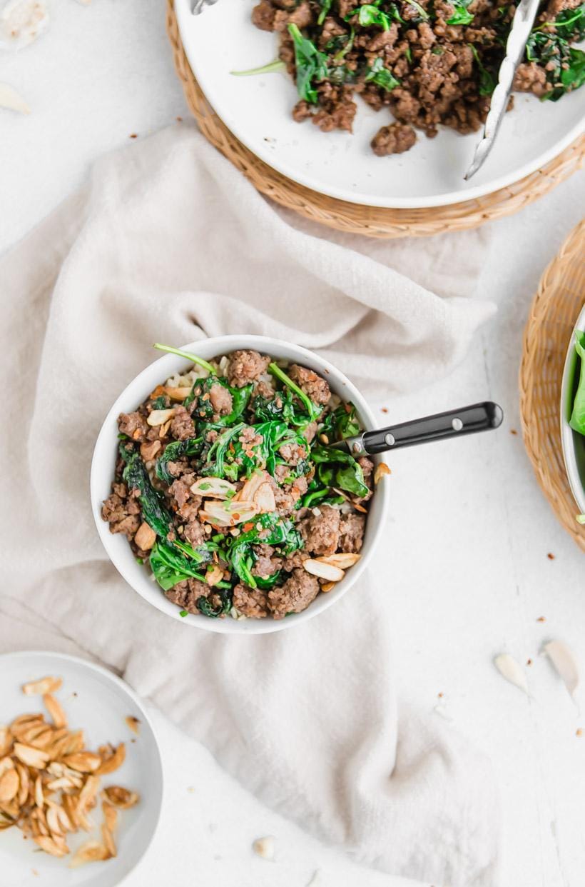 Thai Beef Bowl with Garlic and Spinach