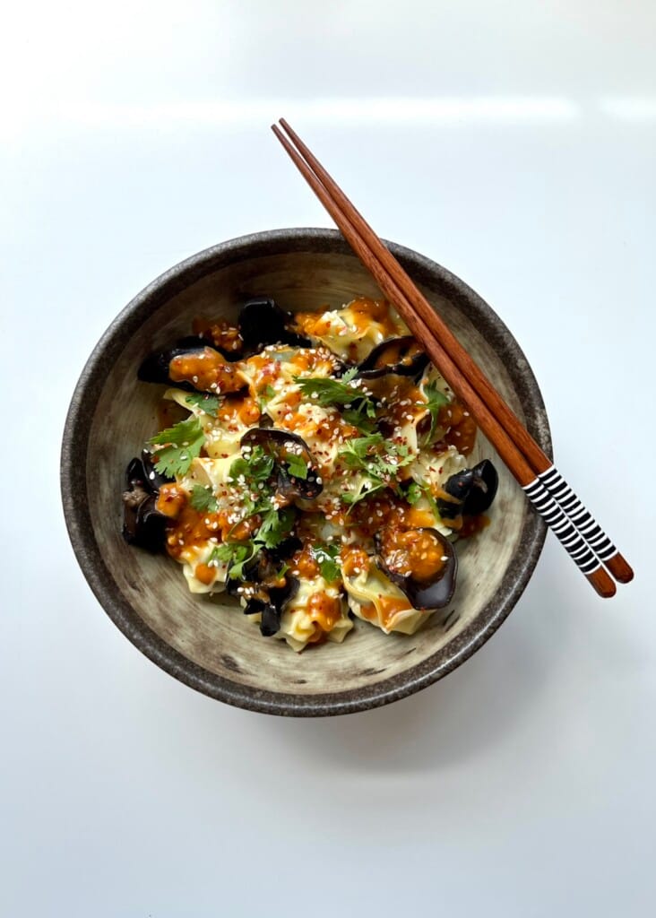 WOOD EAR MUSHROOM WONTONS IN A PEANUT CHILLI OIL SAUCE