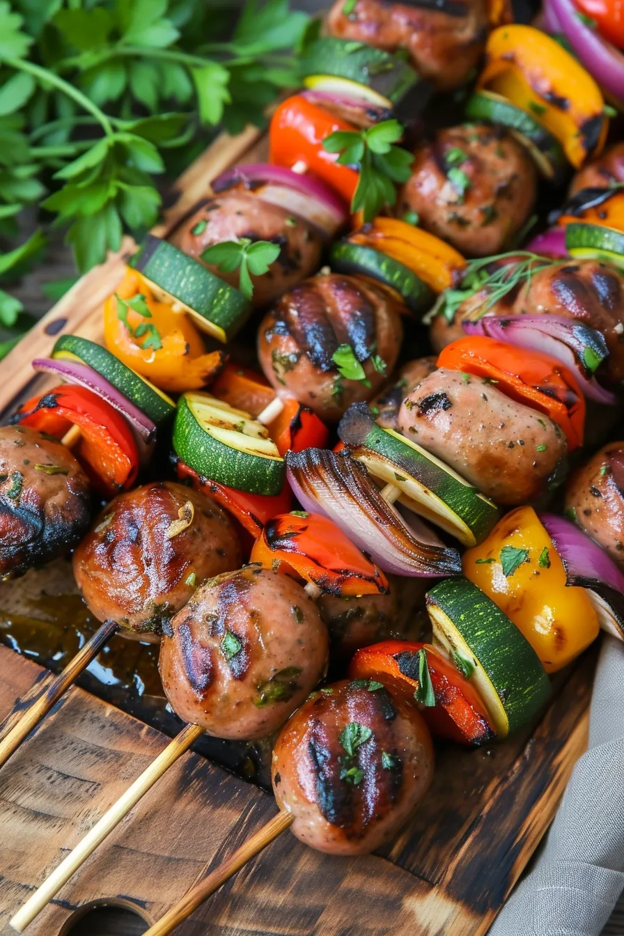 Grilled Bratwurst And Vegetable Shish Kabob Skewers