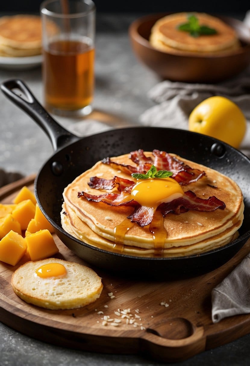 A sizzling skillet with fluffy pancakes topped with crispy bacon and melted cheddar cheese, surrounded by a drizzle of maple syrup and a side of fresh fruit