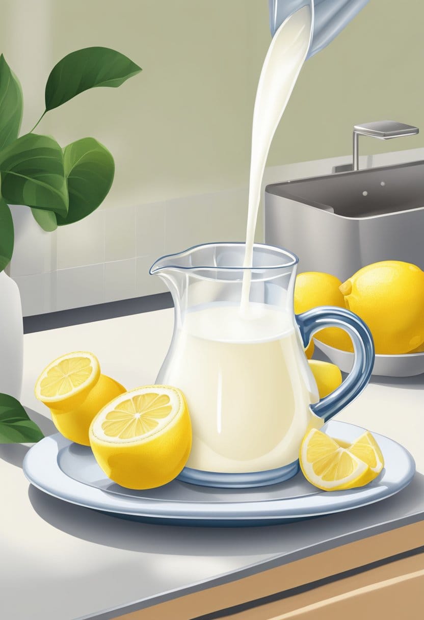 A pitcher of milk and a bowl of lemon juice sit on a kitchen counter. The lemon juice is being poured into the milk, creating a buttermilk substitute