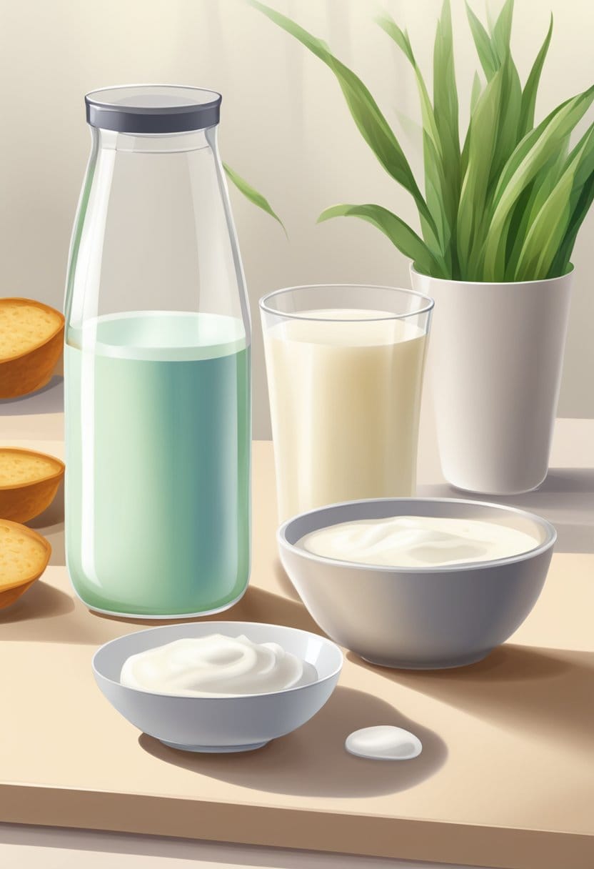 A glass of lactose-free milk and a bowl of acid substitutes for buttermilk on a kitchen counter