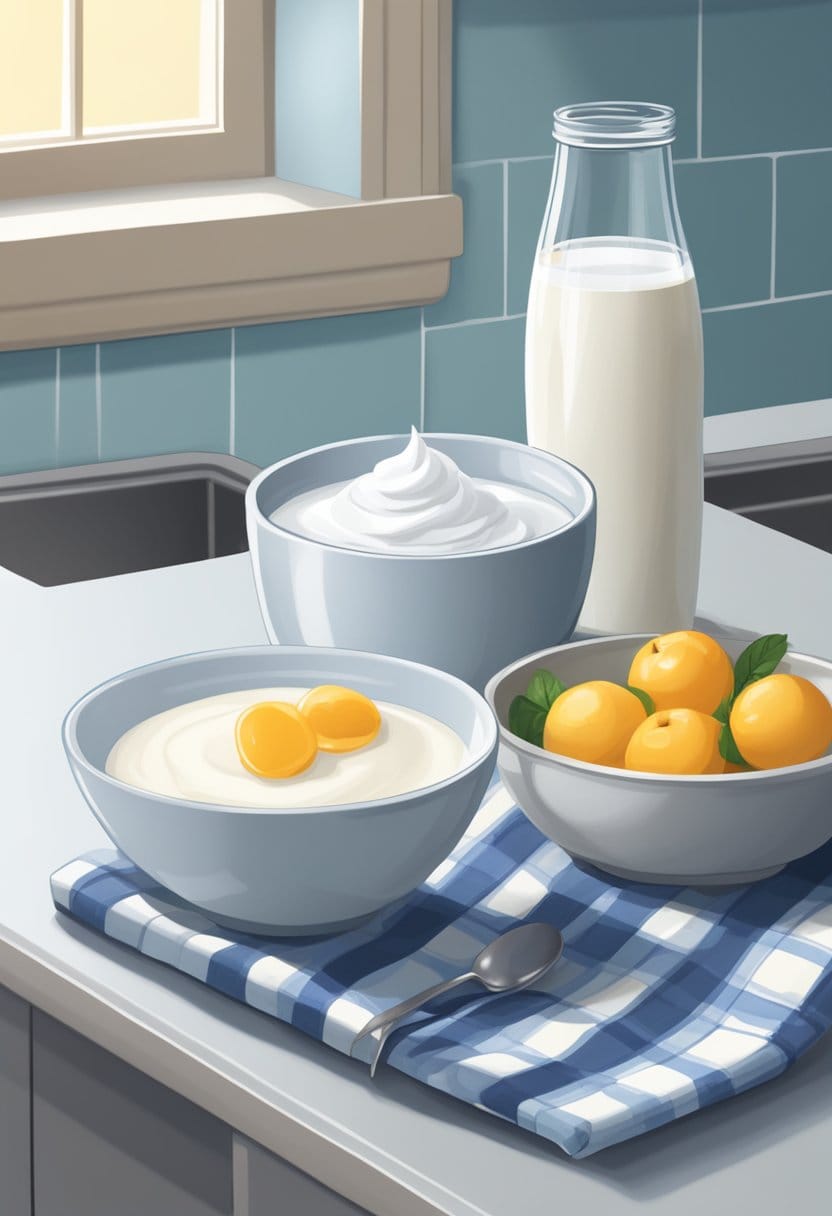 A bowl of plain yogurt and a glass of water sit on a kitchen counter, ready to be used as substitutes for buttermilk in a recipe