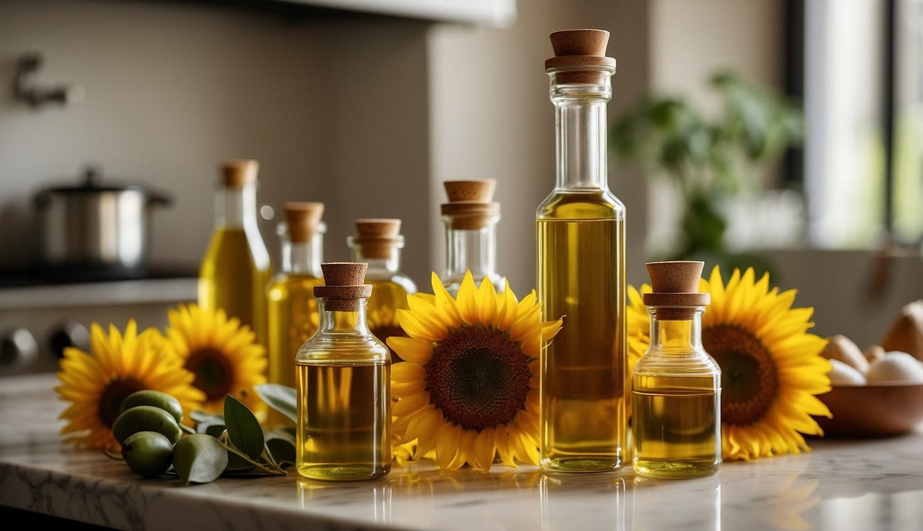 A bottle of sunflower oil sits next to various alternative oils, such as olive and coconut, on a kitchen counter