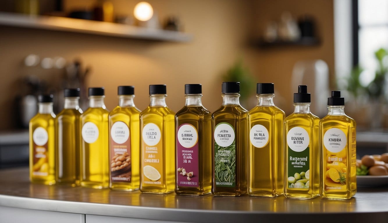 A variety of vegetable oil substitutes displayed on a kitchen countertop with labels and ingredients visible