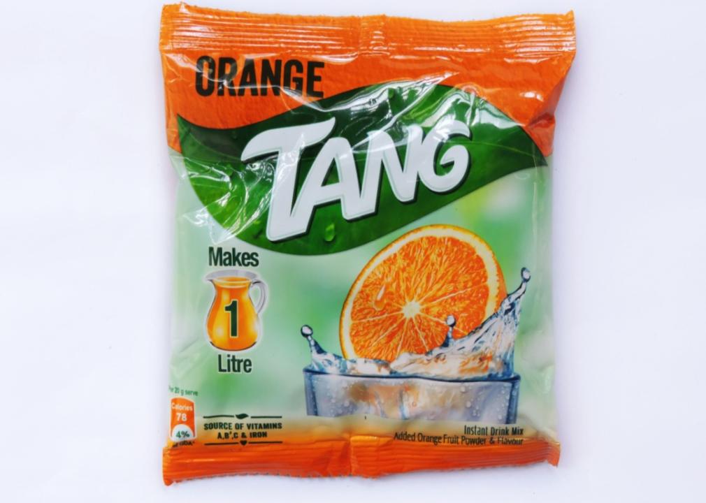 Orange drink A sealed plastic package of Tang powder.