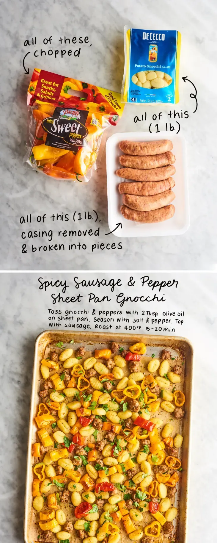 3-Ingredient Spicy Sausage & Peppers Sheet Pan Gnocchi