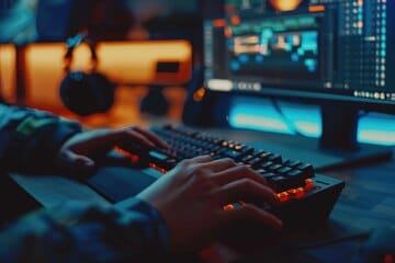 person working at a computer with focused expression