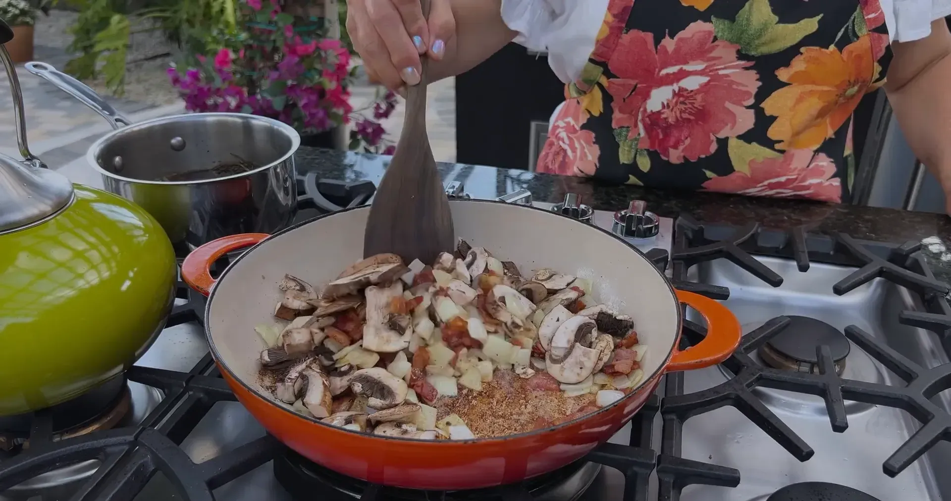 Adding mushrooms to the pan