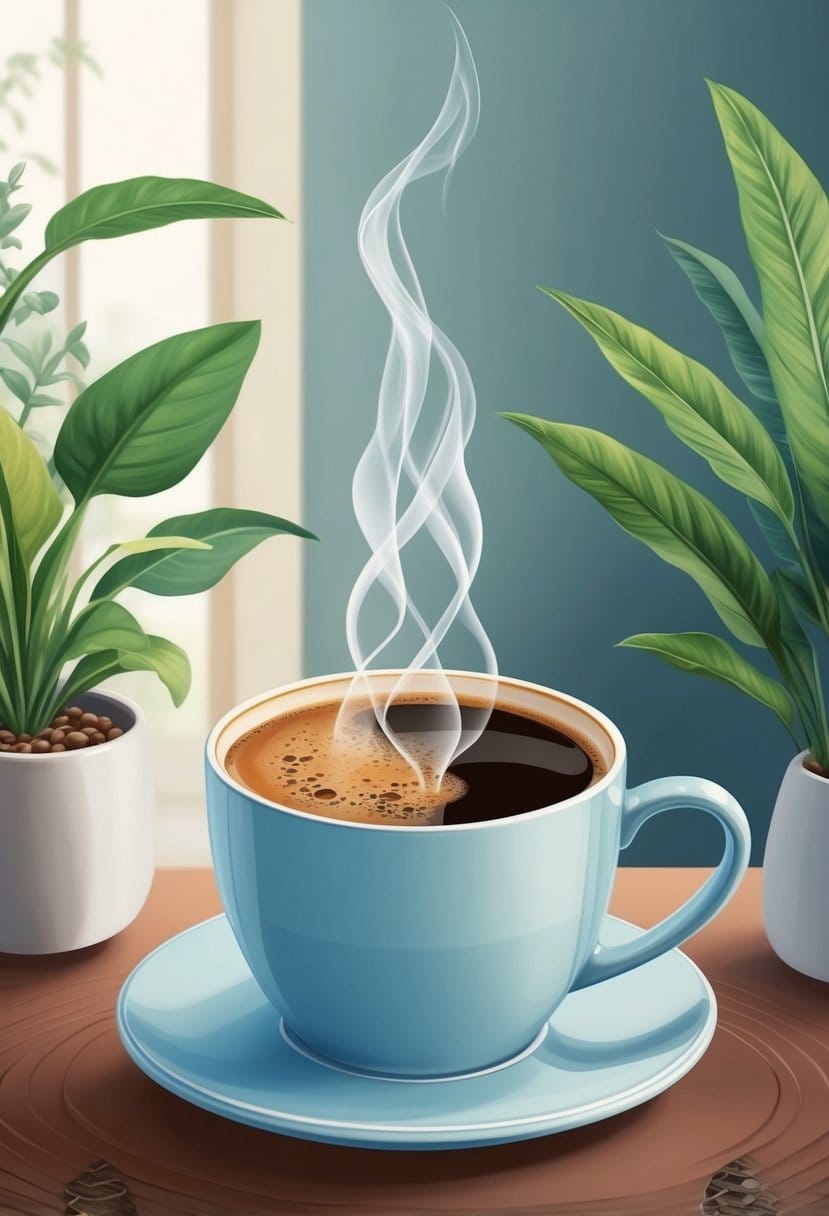 A serene, peaceful setting with a steaming cup of coffee being pushed away, surrounded by calming elements like plants and a tranquil atmosphere