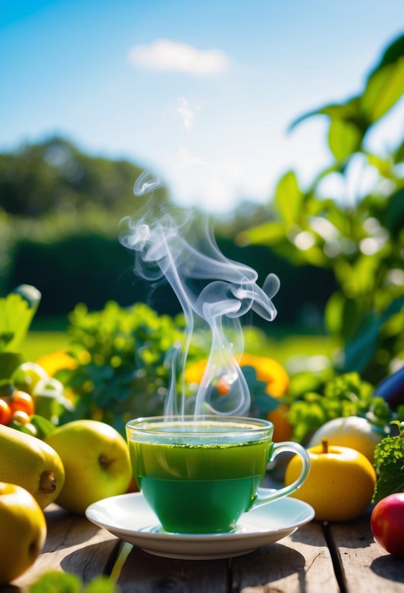 A serene, sunlit garden with a steaming cup of green tea surrounded by fresh fruits and vegetables. A clear blue sky above and a feeling of rejuvenation in the air
