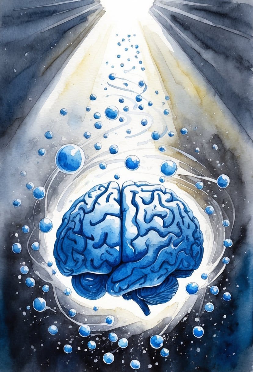 A brain surrounded by swirling sugar molecules, with a bright spotlight shining down on it, as the molecules slowly begin to disperse