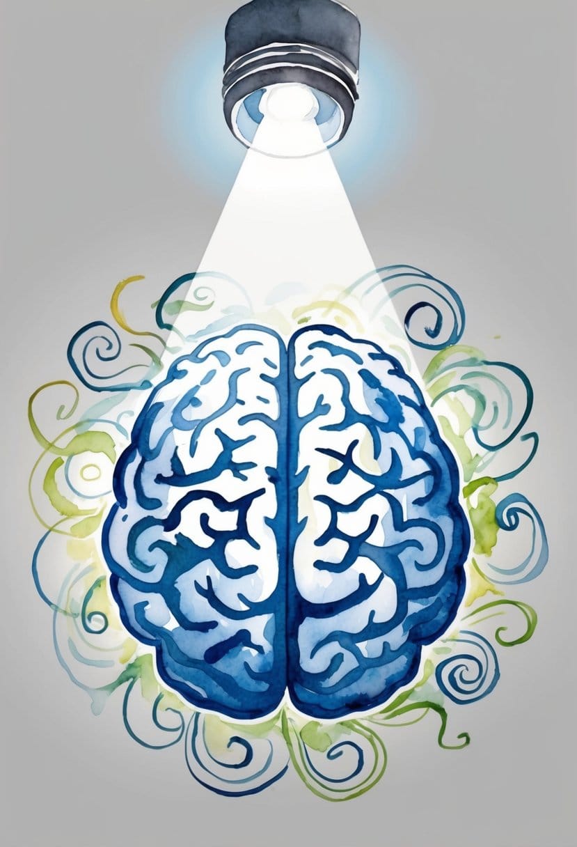 A brain surrounded by swirling patterns, with a bright, clear spotlight shining on it, symbolizing enhanced memory retention after cutting sugar for 7 days