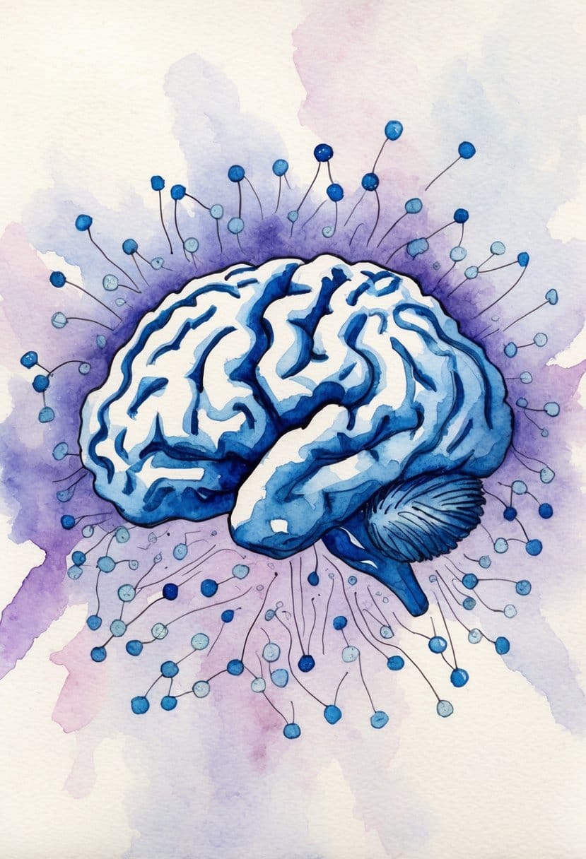 A brain surrounded by swirling sugar molecules, gradually clearing and becoming more organized over 7 days