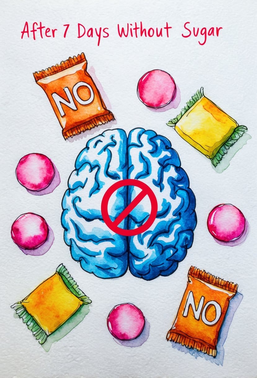 A brain surrounded by sugary treats, with a red "no" symbol over them. The brain looks clearer and more energized after 7 days without sugar
