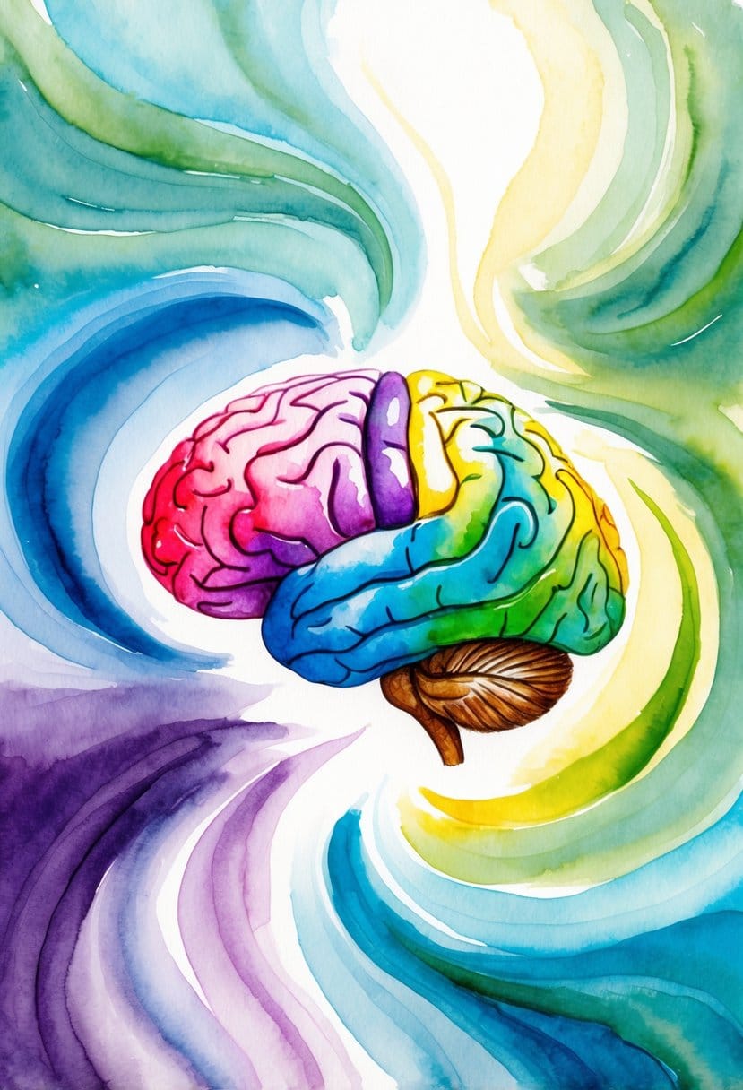 A colorful brain surrounded by swirling fog clears up as sugar is removed, with bright, clear pathways forming and connecting