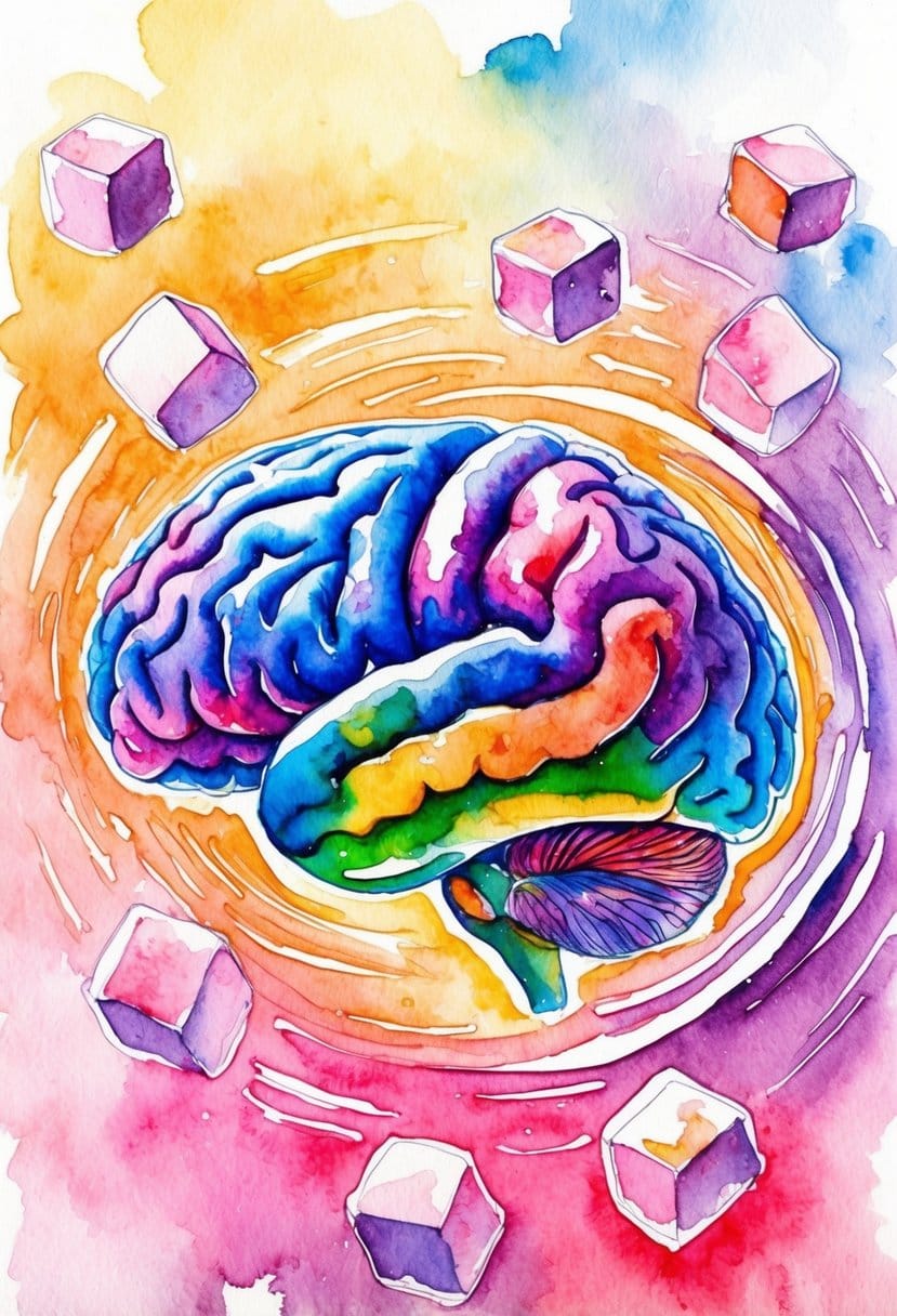 A vibrant brain surrounded by swirling energy, with sugar cubes fading into the background