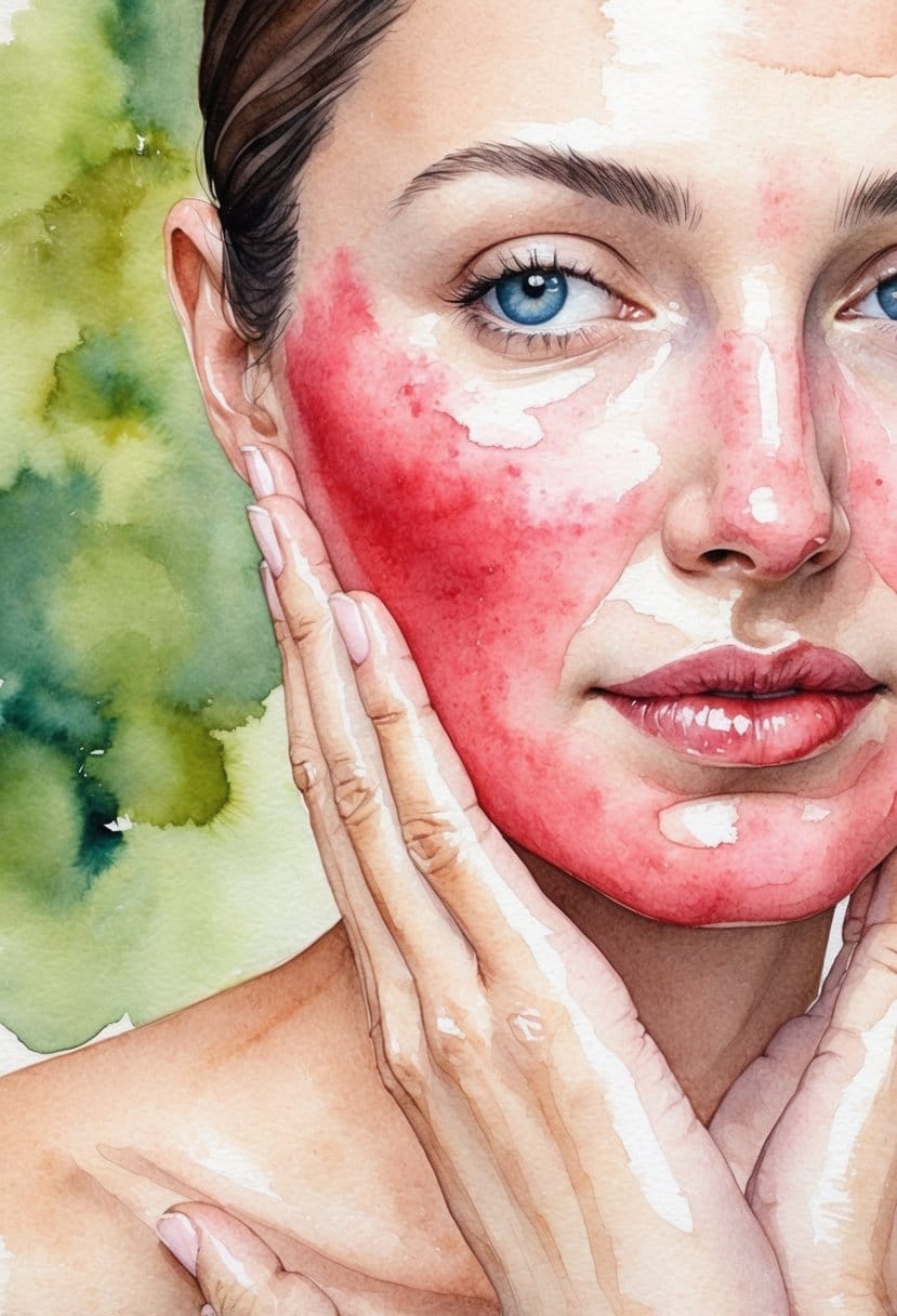 The skin appears calmer and less red, with reduced swelling and irritation