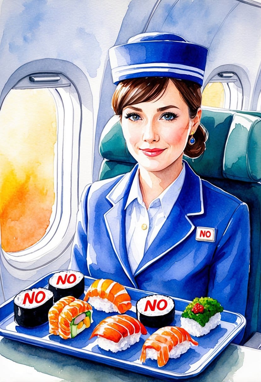 A sushi flight attendant carefully avoids 7 specific foods on a plane, showcasing them on a tray with a "no" symbol over each item
